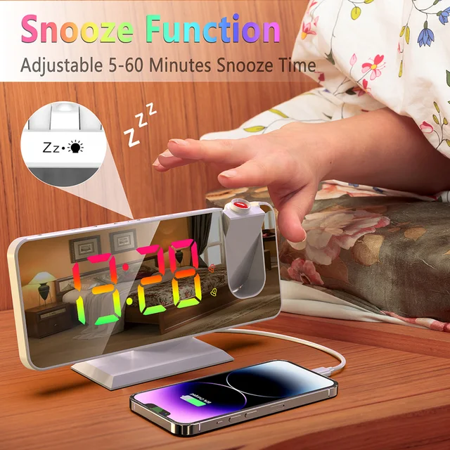 Mouscil Színű Led Digitális Intelligens Ébresztőóra Elektronikus Asztali Órák Usb Ébresztési Órával 180 ° -Os Időre Vetítést Szundikál - Image 3