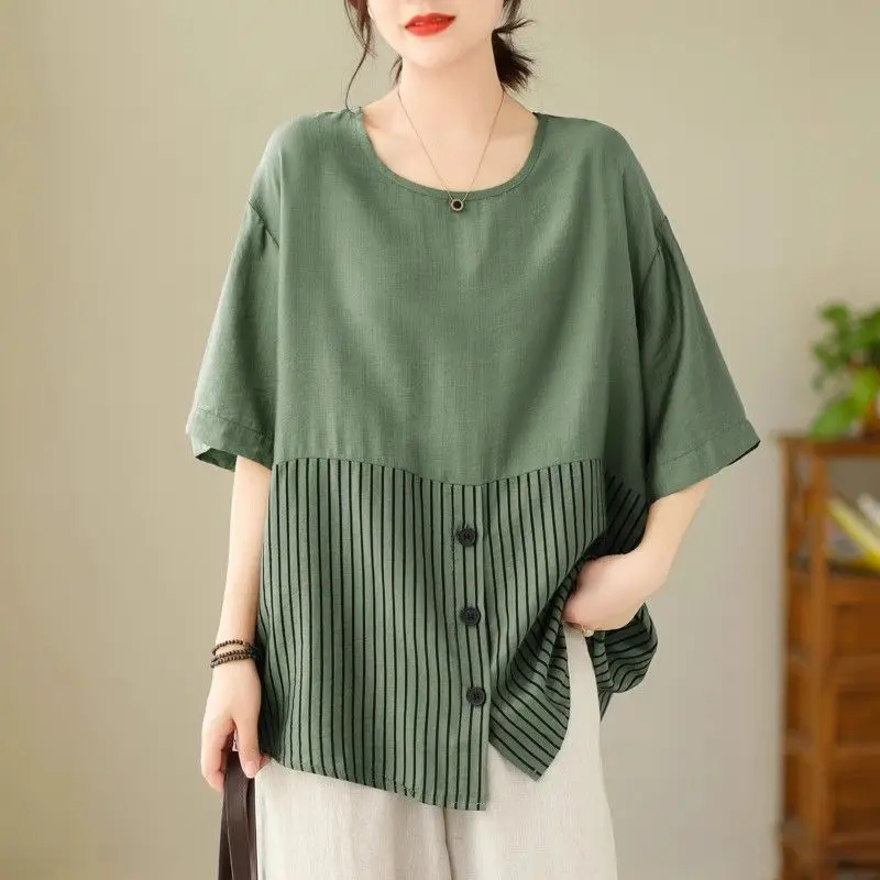 Korean-fashion-Summer-New-Women-s-O-Neck-Striped-Button-Patchwork ...