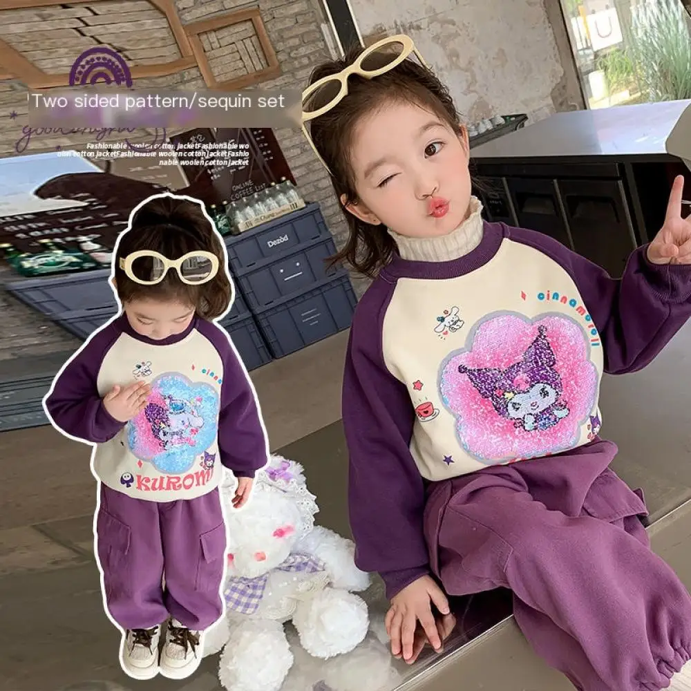 

Sanrio Cinnamoroll Kuromi Girls Sweatshirt Pants 2Pcs Cartoon Long Sleeve Top Loose Trousers Autumn Winter Children's Clothing