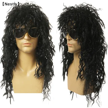 Parrucca Lunga Riccioluta Nera da Uomo, Parrucca Sintetica Maschile per Cosplay, Effetto Voluminoso in Fibra Sintetica, Ideale per Feste Rock, Nightclub e Bar〔Nest〕