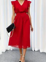 Plus Size Women's Retro Elegant Red Ruffle Sleeve V-Neck Midi Dress Shimmer Fit & Flare Evening Cocktail Dress (0XL-4XL) - Image 3