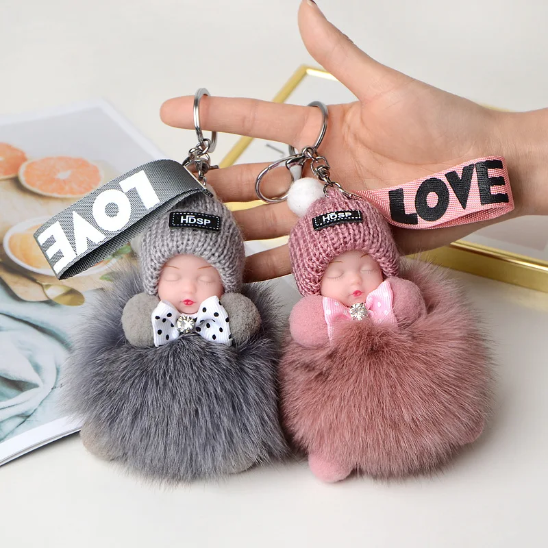 

Sleeping Baby Keychain Cute Fluffy Plush Doll Women Girl Bags Keyring Cars Keychain Gift Charming Decoration