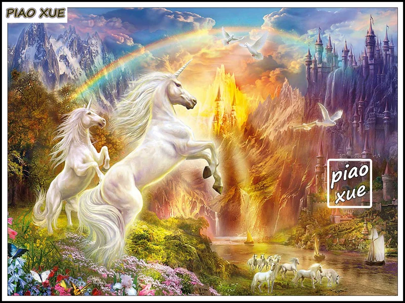 妖精の王女とユニコーンダイヤモンド絵画アート魔法の森の城モザイク