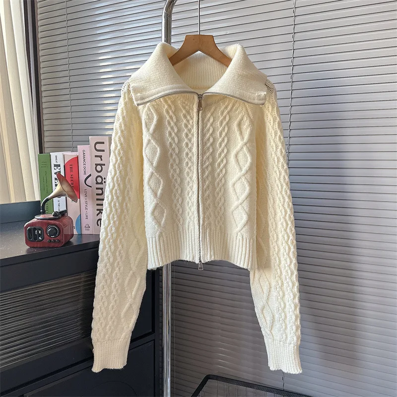 

Lapel double zipper twist Cardigans Coat For Women loose thick sweater White Color Short Jackets Streetwear Jumper Crop Top