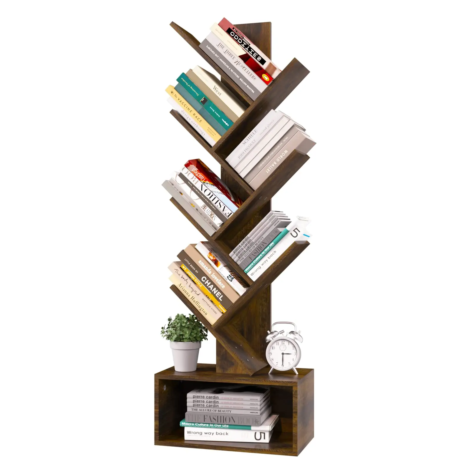 

Tree Bookshelf - 6 Shelf Retro Floor Standing Bookcase, Tall Wood Book Storage Rack for CDs/Movies/Books, Rustic Brown