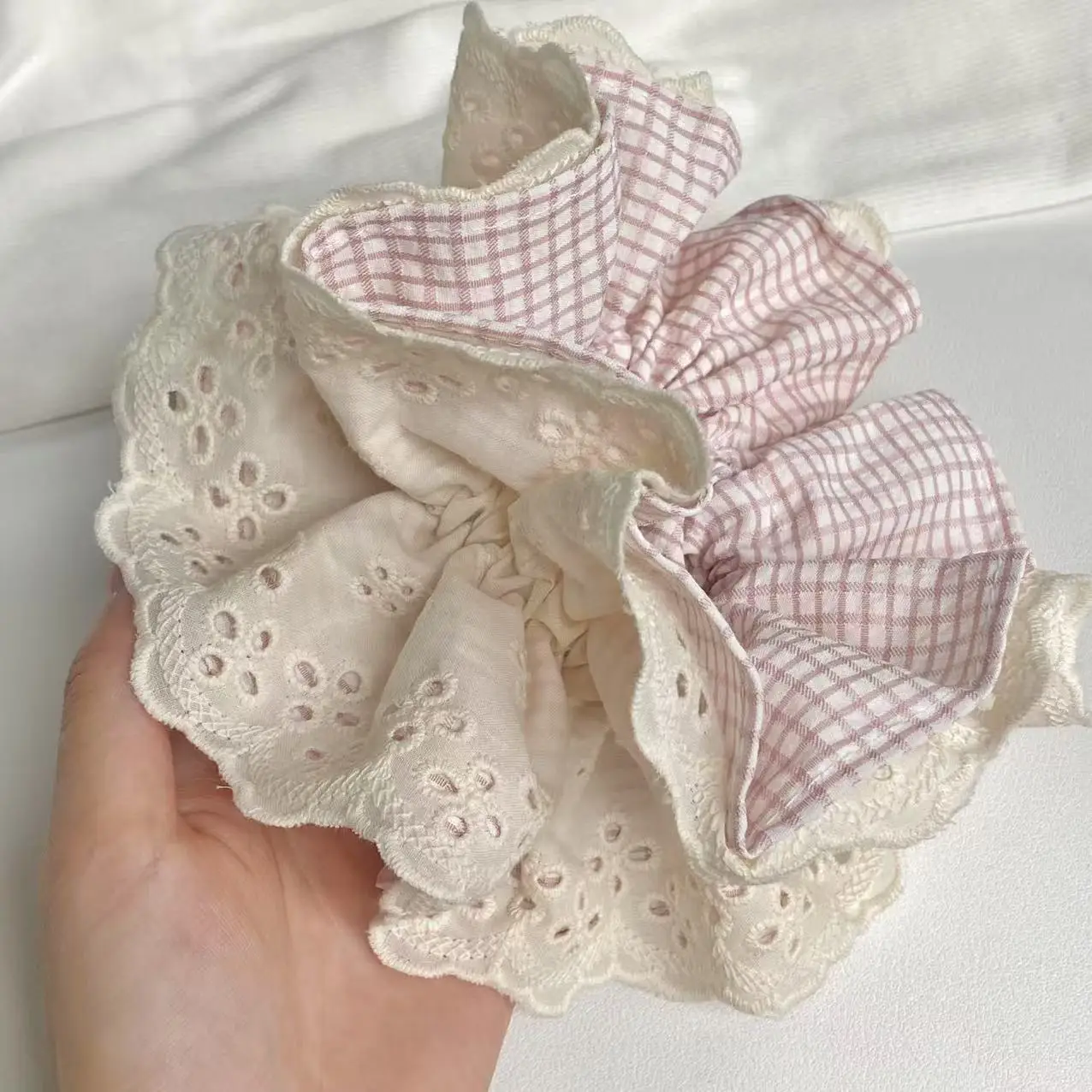 1pc  Sweet Pink Plaid Hair Scrunchie With Lace Trim, Elegant Ruffled Hair Tie, Cute Hair Accessory For Women And Girls