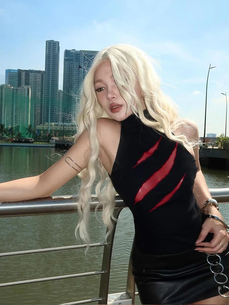 Nibber Claw Marks Patchwork Vest Women Sleeveless High Neck Skinny Elasticity Summer Trend Street Hottie Simple Classic Tops