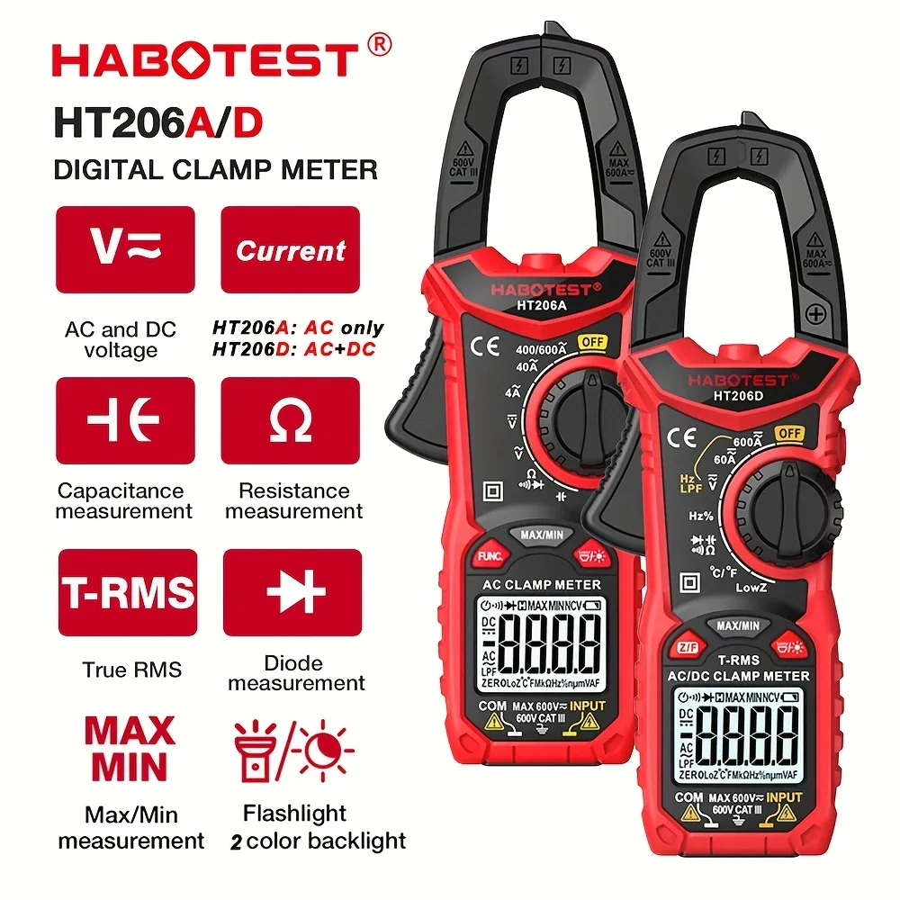 Digital Multimeter HABOTEST HT206 Clamp Meter 600A Current Pliers Ammeter Voltmeter Hz Ohm Capacitance Electrical Tester