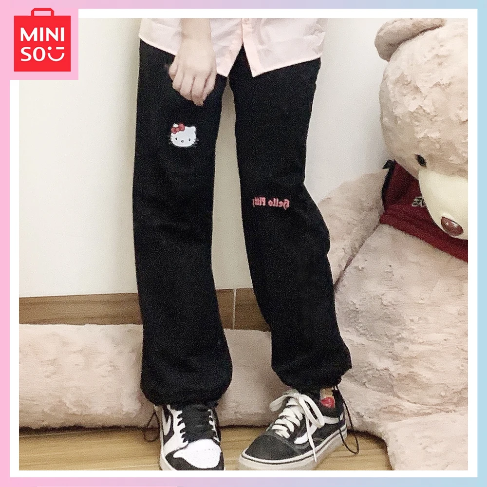 

Miniso Girdle Foot Cargo Pants Womens Autumn Winter Wide Leg Pants Cute Hello Kitty Print Preppy Cozy Baggy All-Fit Pants