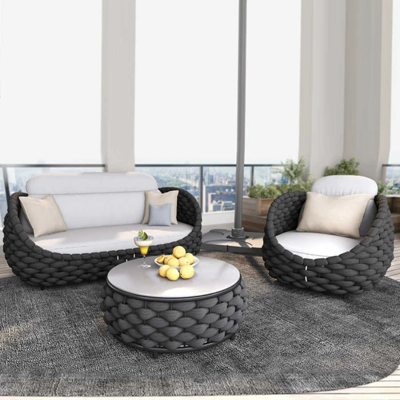 All-Weather Rattan Outdoor Sofa Set for Villa Balcony Living Room Courtyard Combination Double Chair Leisure Terrace Furniture