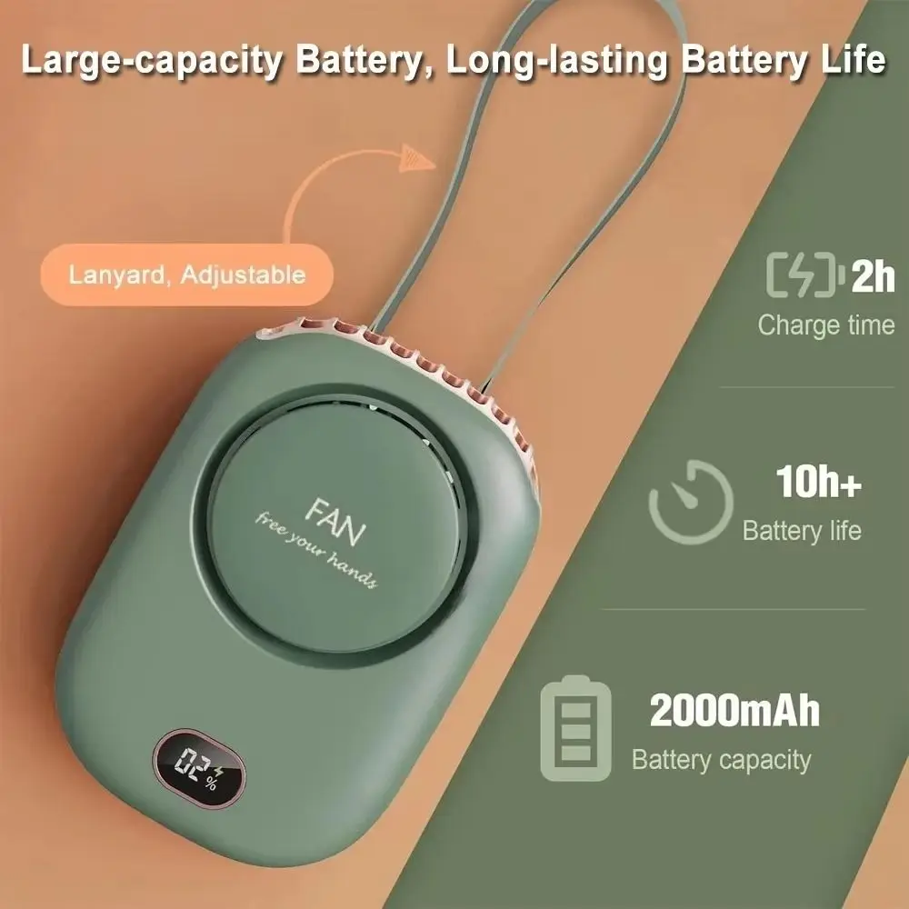 2000mAh 배터리 넥밴드형 선풍기 USB 충전식 미니 사이즈 USB 충전식 선풍기 조절 가능한 끈 그린/핑크/화이트