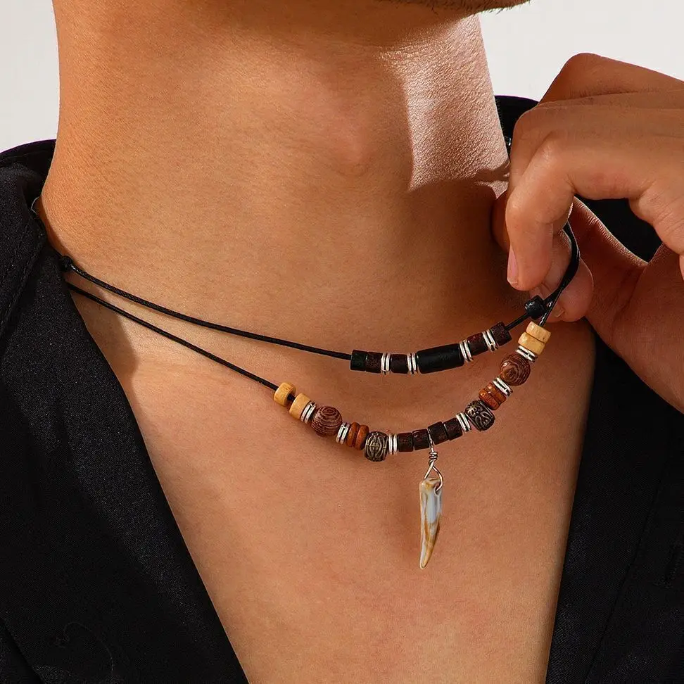 KunJoe 2Pcs/Set Vintage Wolf Tooth Pendant Necklace for Men Simple Wood Beads Choker Adjustable Leather Rope Chain Neck Jewelry