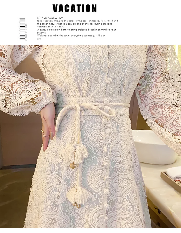 Women Lace Hollow Out Long Dress Latten Long Sleeve V Neck Vintage