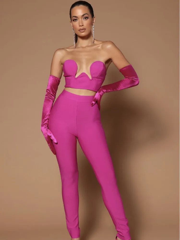 

Новинка 2023 г., женский сексуальный топ и брюки черного цвета без бретелек, перчатки, комплект из 3 предметов, бандажный модный ночной клуб, яркая праздничная одежда