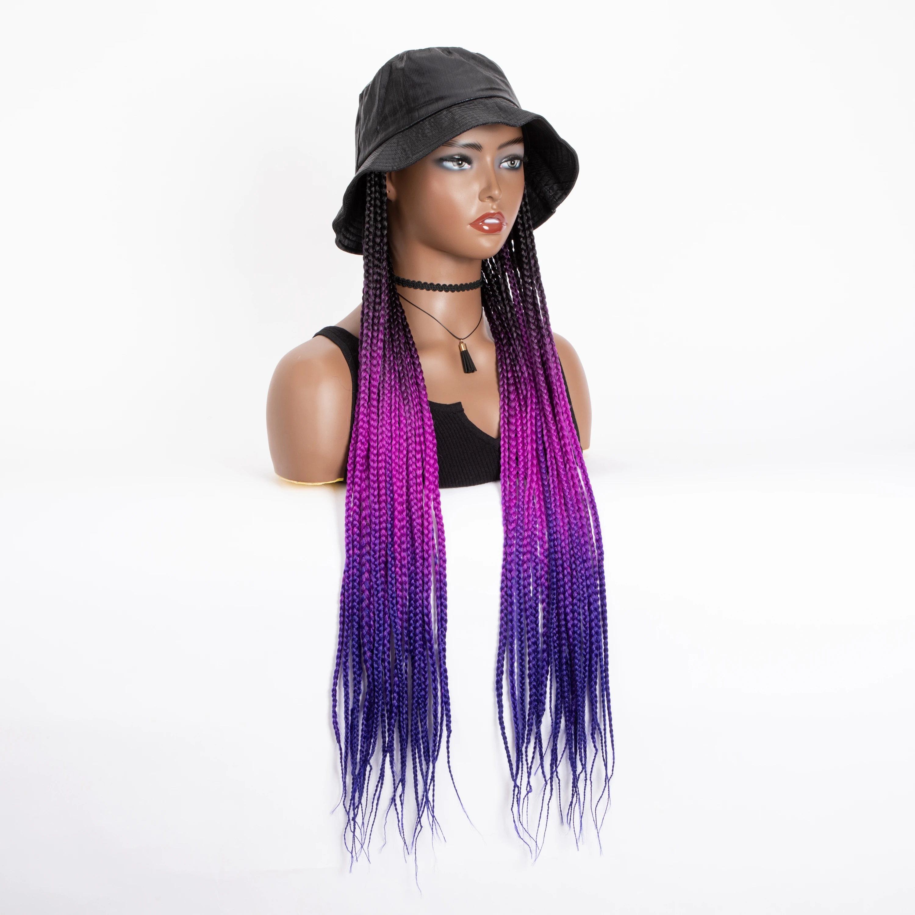 WIGERA Cheap Ombre Purple Long Box Braided Synthetic Baseball Cap Braiding Braids Wig With Hair Extensions Bucket Hat For Wemon
