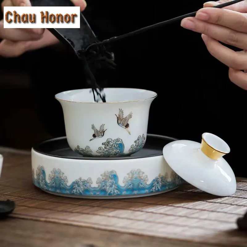 200ml Crane Mutton Fat Jade White Porcelain Gaiwan Japanese Tea Tureen Tea Bowl With Lid Kit Tea Maker Cover Bowl Cafes Ornament