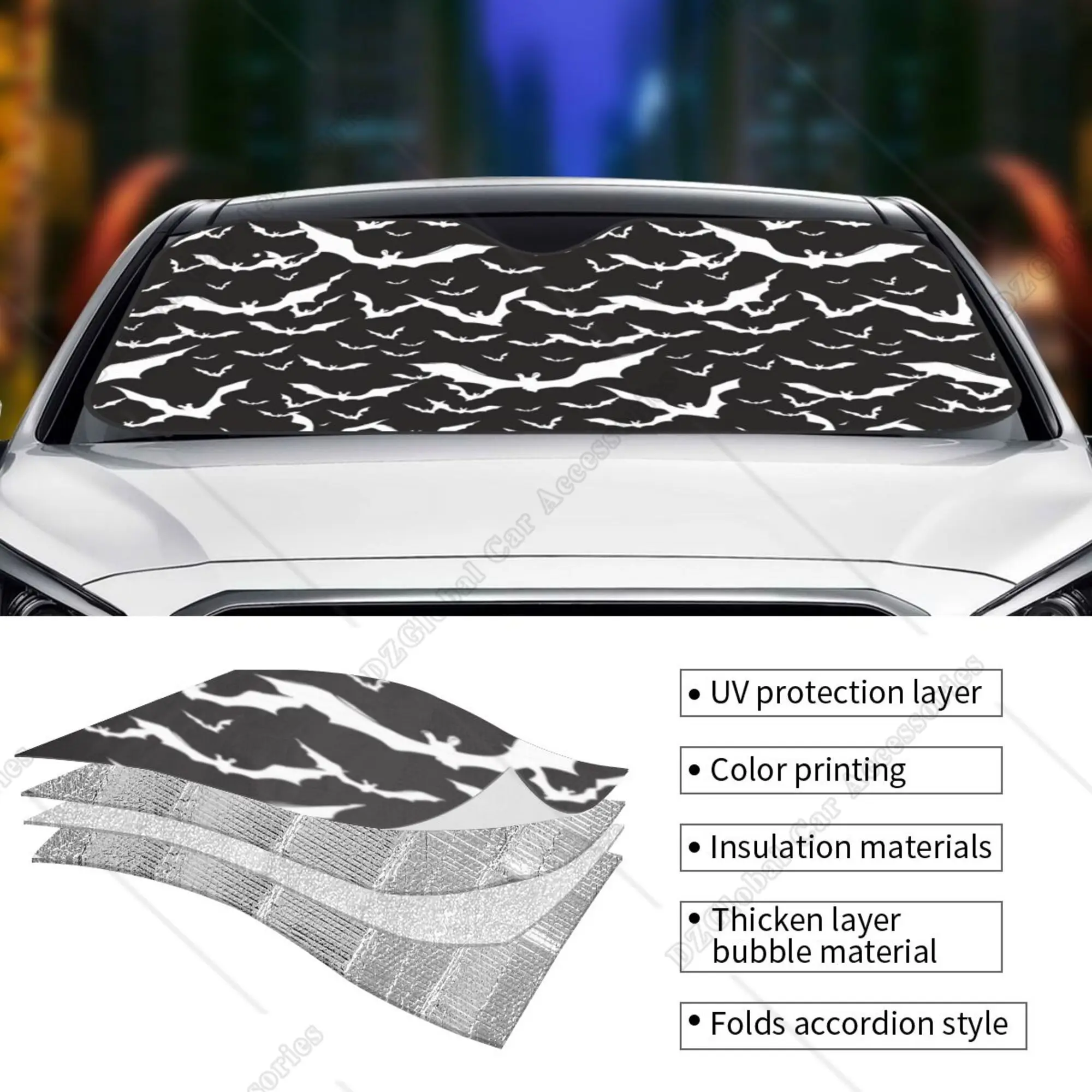 Halloween Cool Goth Gothic Bat Black and White Windshield Sun Shade Front Protector Folding Car Sun Visor Blocks Uv Rays Cool