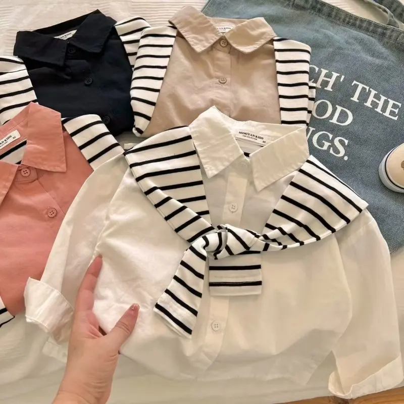 Spring and Autumn Children's Shirt New Fake Two Piece Solid Color Shawl Shirt for Boys and Girls Baby Polo Top