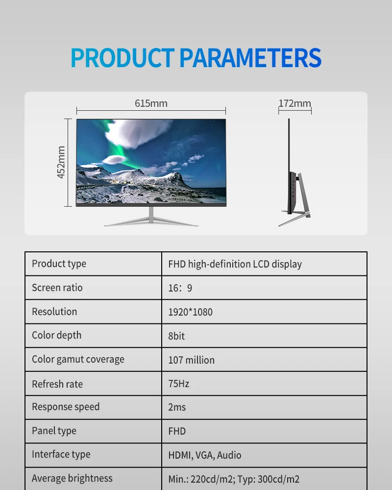 Computer Monitor 21.5/24/27 Inch 1080P 75Hz Gamers Screen LCD Gaming Monitor For Xbox PS5 Swtich PC