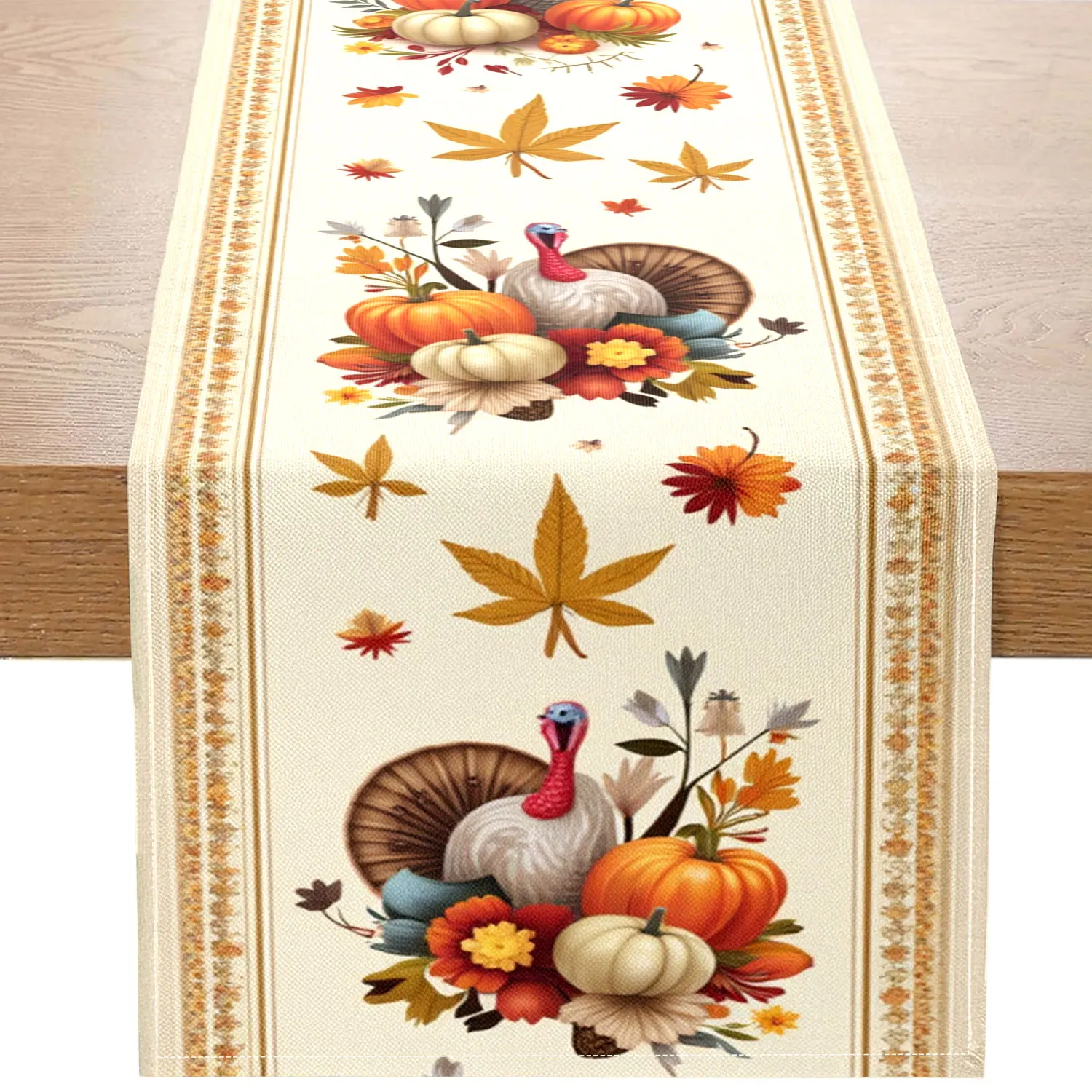 1-delige Thanksgiving-tafelloper, versierd met kalkoen-, pompoen- en herfstbladeren, geschikt voor Thanksgiving-familiebijeenkomsten en vakantiedecoraties