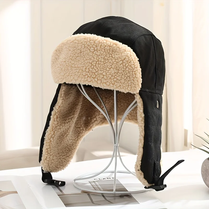 Winter Warm Motorcycle Cap Thickened Windproof Ear Flap Aviation Cap Thermal Anti-Cold Outdoor Sport Plush Lined Bomber Cap