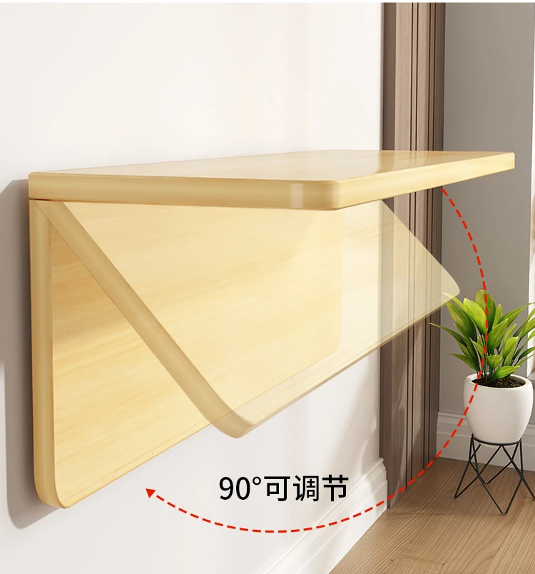 

Folding table in the kitchen, shelves on the wall, slotted wooden plank, partition hanging on the wall, wall, non-perforated