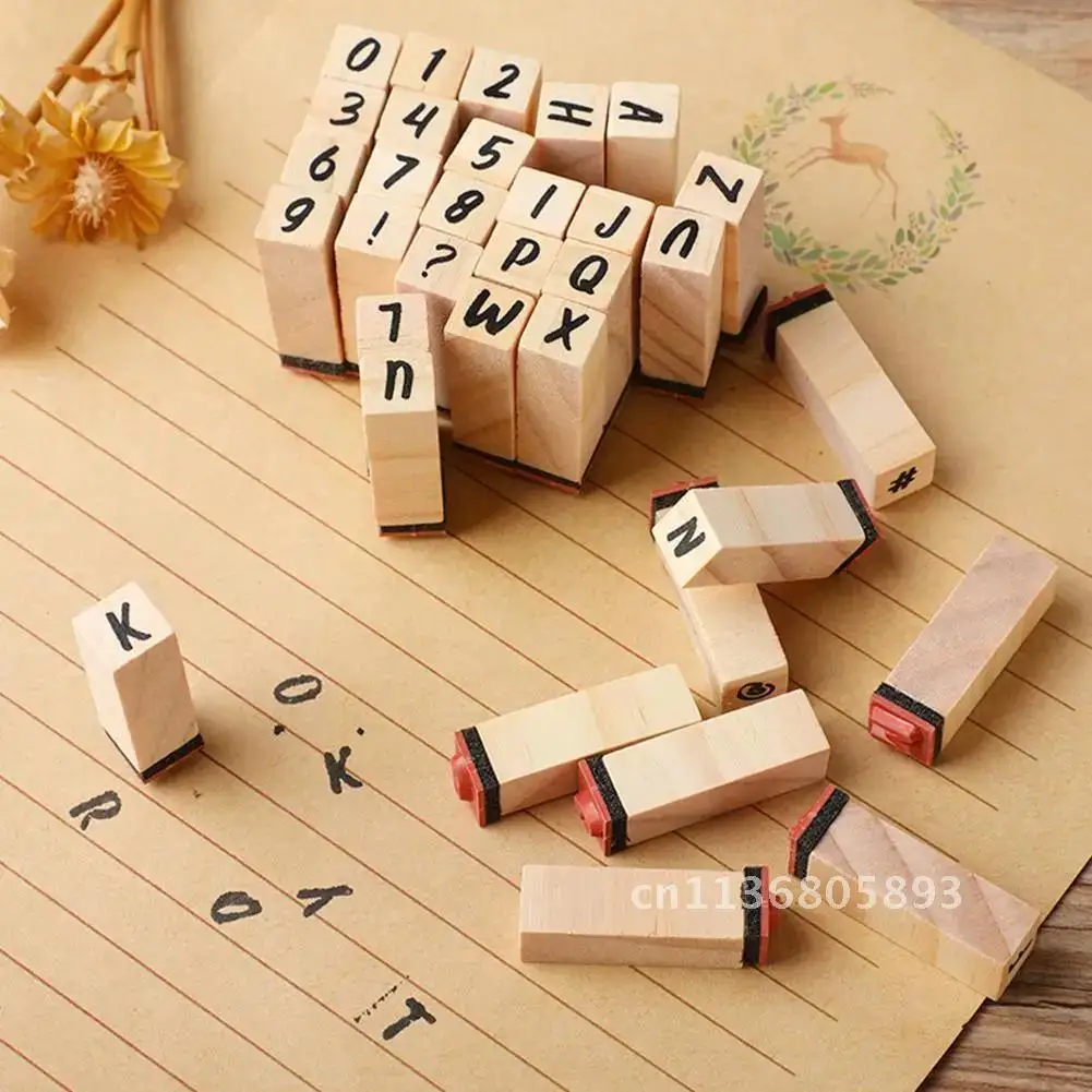 알파벳 숫자 도장 DIY 사진 앨범, 일기 나무 직사각형 글자 스탬프, 어린이 일기 장식, 수제 숫자 도장 H8S3