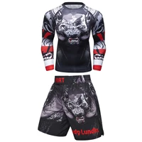 Hot Sale Boxing Training Kits Wolf Print Mma BJJ Rashguard Jiu jitsu T-shirt + Muay Thai Shorts Men Compression Combat Sportsuit 2