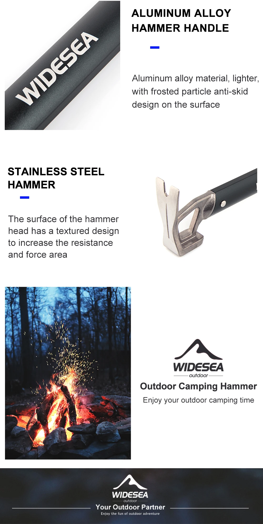 Description Picture 5 of itemWidesea Camping Hammer Stainless Steel Copper Outdoor Tent Peg Stake Mallet with Stake Puller Grond Nail Mountaineering Hiking
