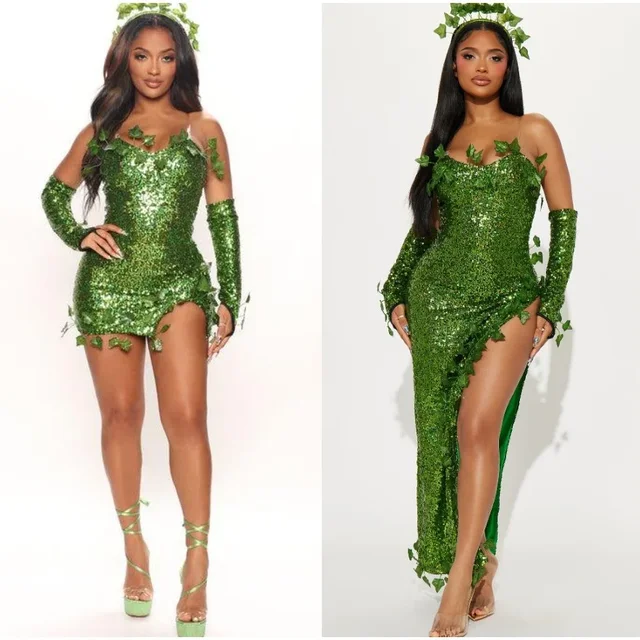 Sexy Halloween Costume Dress Sparkling Leaf Design Adult Dance Dress Mini Skirt V-Neck No Sleeve Polyester Fiber Empire Waist