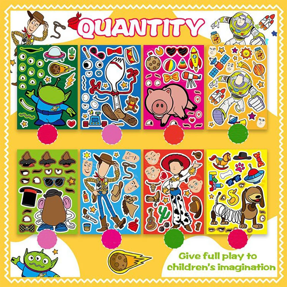8/16sheets Disney Cartoon Anime Toy Story Stickers DIY Make A Face Funny Puzzle Sticker Assemble Jigsaw Educational Toys Decals car trump sticker funny architecture stickers make america great again vinyl automobile funny bumper sticker for car decor