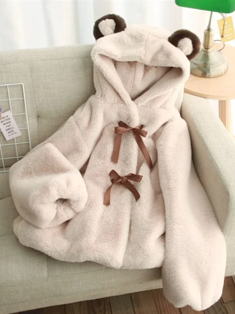 

Japanese Style Kawaii Girls Plush Lolita Coat Women Autumn and Winter Cute Solid Thickened Hairy Bear Ears Warm Hooded Jackets