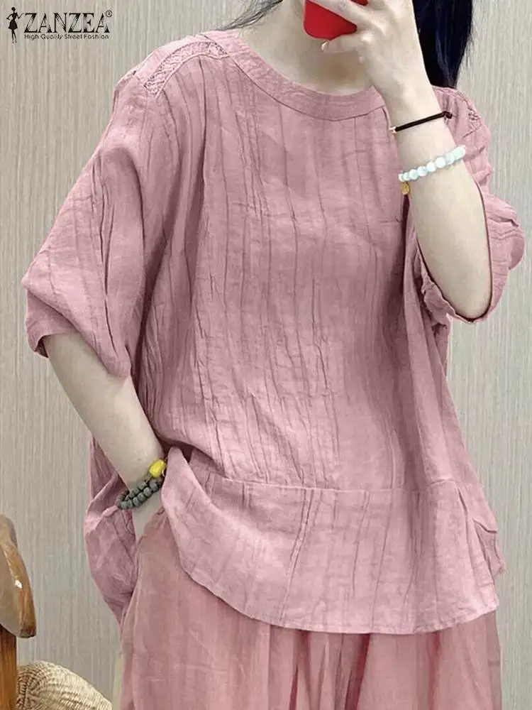 

ZANZEA Women Autumn Blouse Elegant Lace Patchwork Shirt Casual Female Party Work Blusas Oversize O Neck 3/4 Sleeve Loose Tops
