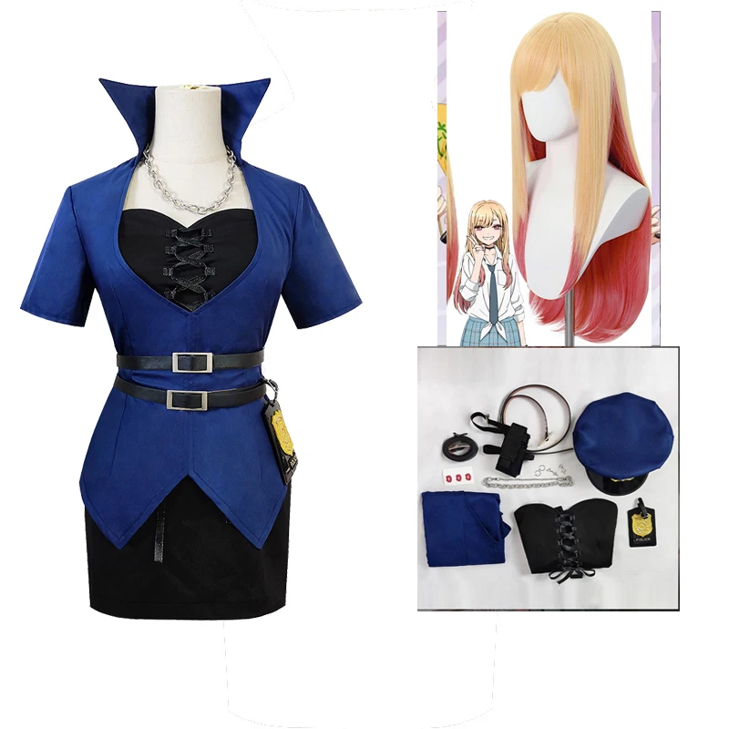 

Anime My Dress Up Darling Kitagawa Marin Cosplay Costume Wig Policewoman Uniform Sexy Outfits Halloween Blue Dress for Women