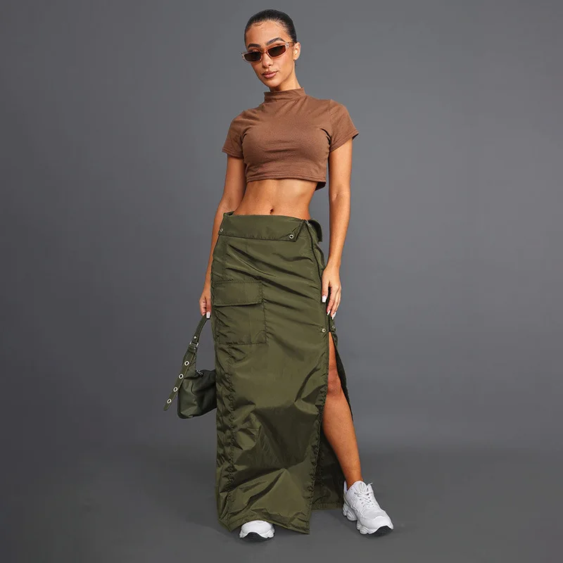 Fashion Women's Spring Summer Solid Color Army Green Casual Woven Side Slit Lapel Zipper Pocket Tooling Cargo Pants Skirt