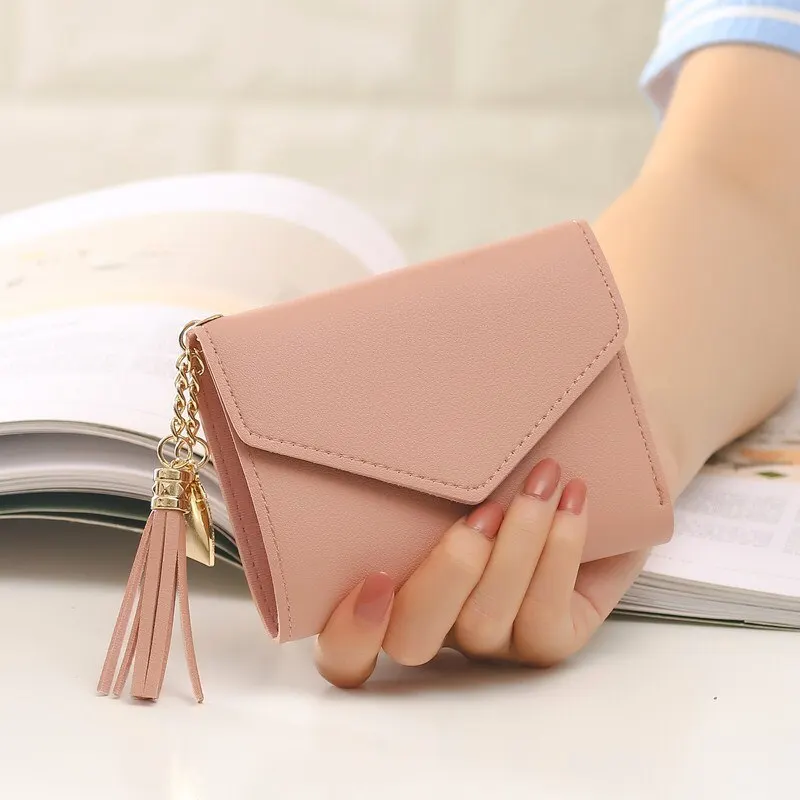 Розов дамски портфейл с висулка с мини пискюл Модна чанта за монети