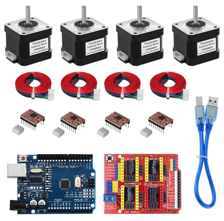 4-Lead Nema17 Stepper Motor 42 MOTOR+CNC Shield V3 Engraving Machine 3D Printer Parts+4pcs A4988 Driver Expansion Board R3 new 3d printer accessories 42 step motor 17hs4401 38 height micro drive motor two phase four wire lead screw engraving machine