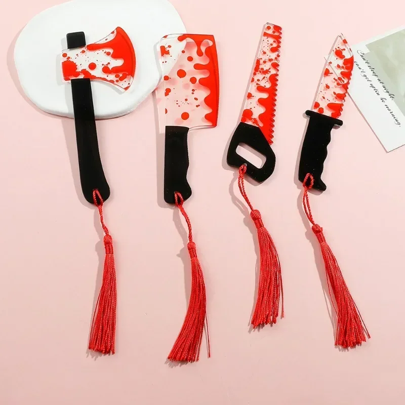 Horror Knife Clear Acrylic Bookmark with Tassel Halloween Series Funny Gift Chopper with Blood Book Mark Reading Supplies