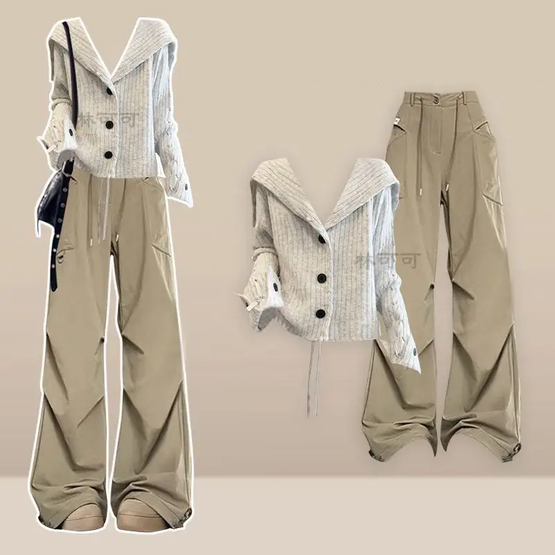 Women's 2025 Autumn/Winter New Fashion Tracksuit Matching Set Korean Elegant Knit Sweater+Casual Cargo Pants Two Piece Suit - Image 2