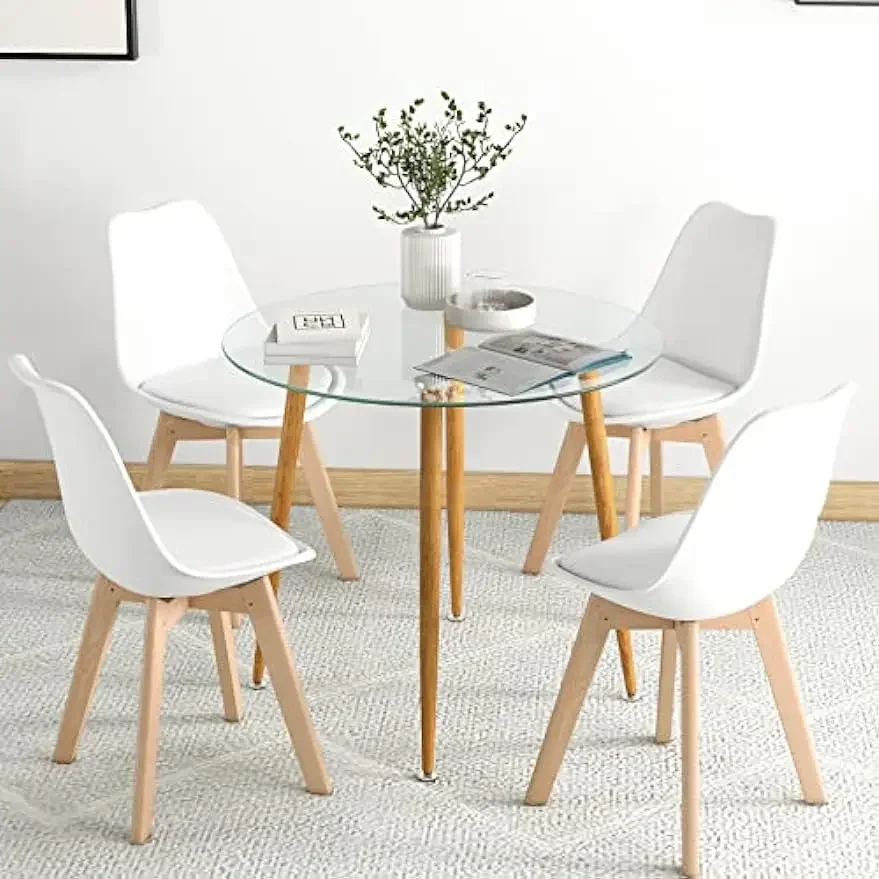 

Modern 5-Piece Dining Room Set w/ 1 Round Tempered Glass Table&4 High Back Chairs,Space-Saving Dinette Set
