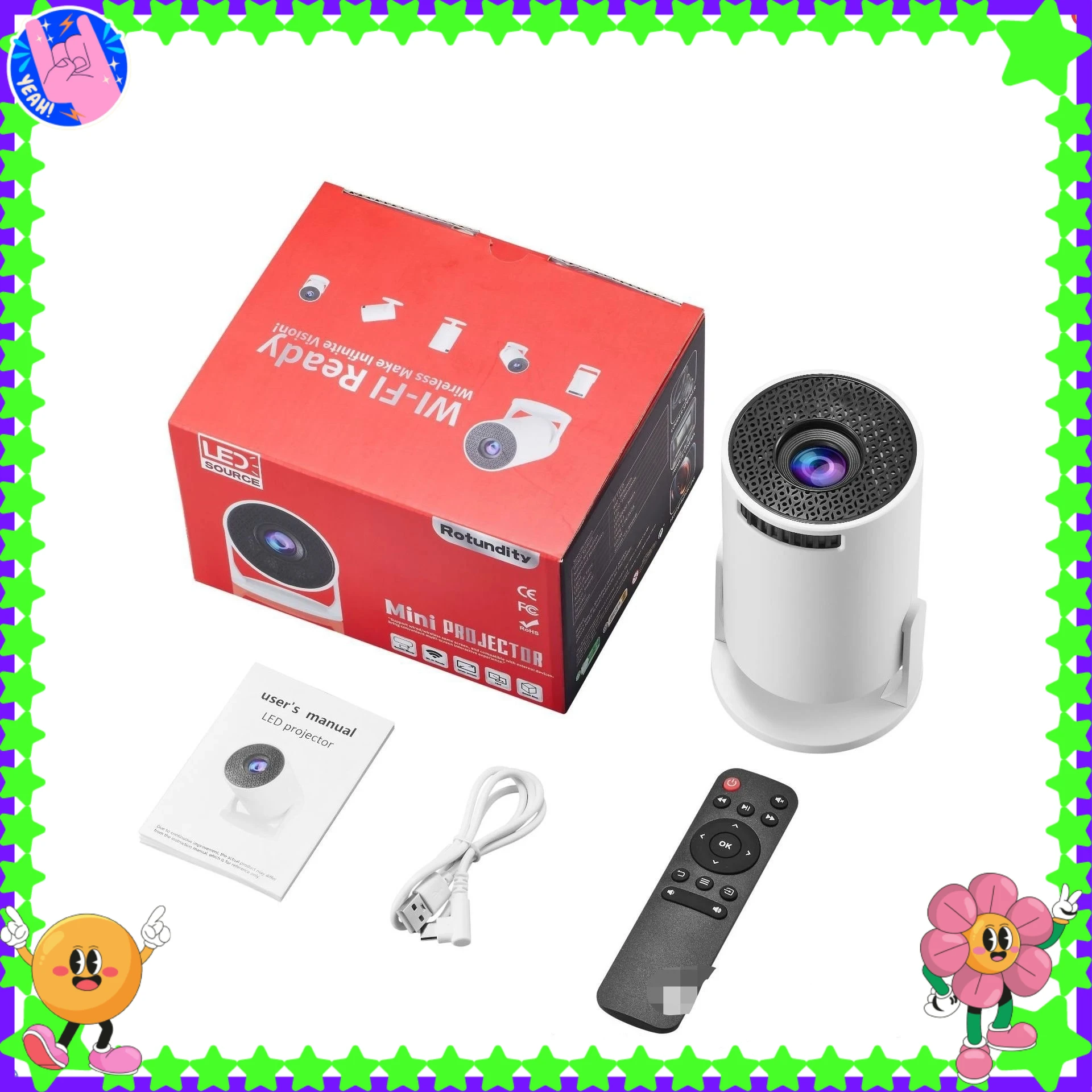 מקרן HY300miniHD עם תמיכה ב-WiFi ו-Bluetooth, חיבור אלחוטי ומחובר, נייד ומתאים לשימוש בתוך הבית ובחוץ