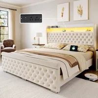 King Size Bed Frame with Storage,Velvet Upholstered Bed with Charging Station and LED Light,Deep ButtonTufted Wingback Headboard 1