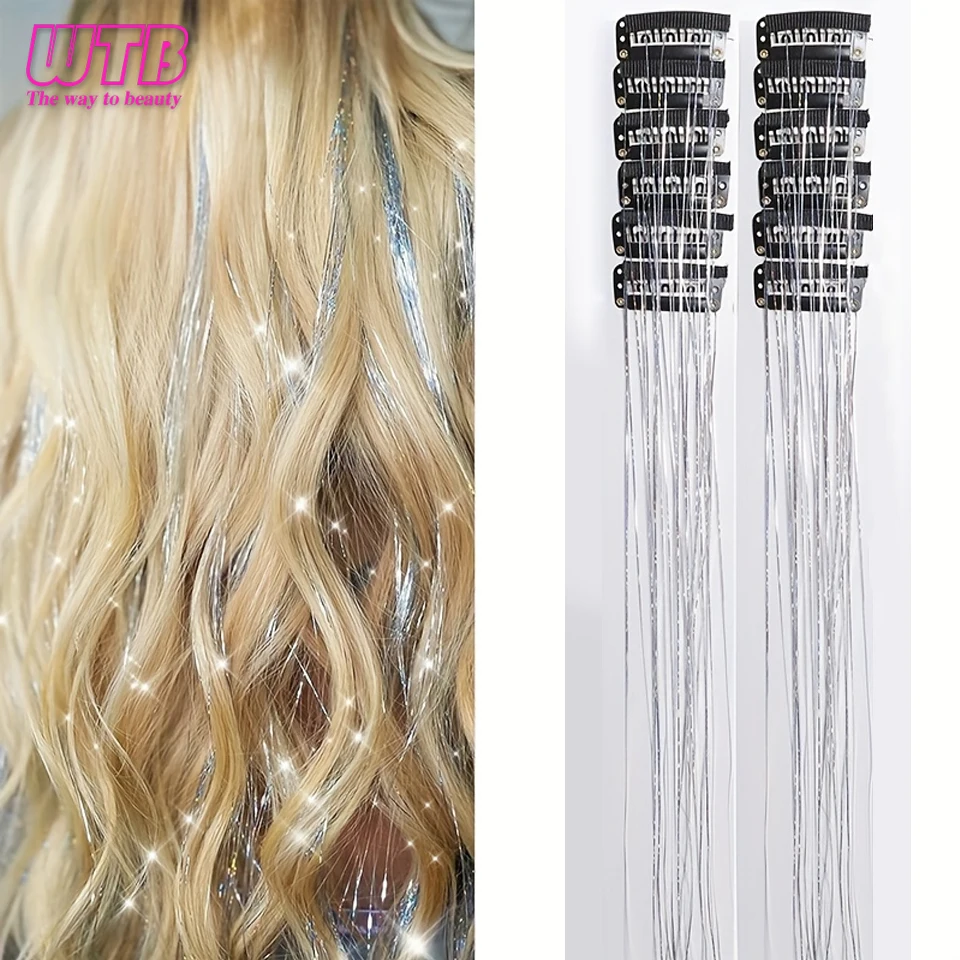 Pack Of 12 Pcs Tinsel Hair Laser Gold Wire Shining Colorful Gold and Silver Wire BB Clip Single Card Wig Piece Set Festival Gift