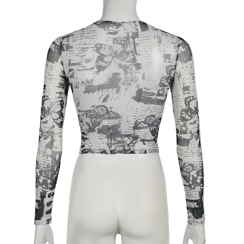 Grunge Mesh Butterfly Print Crop Top Fashion See Through Long Sleeve Hollow Out T-shirt Stylish Y2K Street Outfits