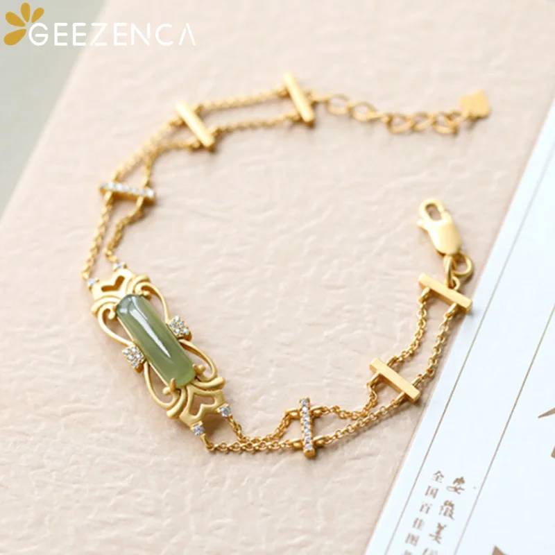 925 Sterling Silver Hetian Jade Jasper Agate Gold-plated Bracelets Double Chain Zircon Fine Jewelry Women Trendy Bangle Gift | Украшения и