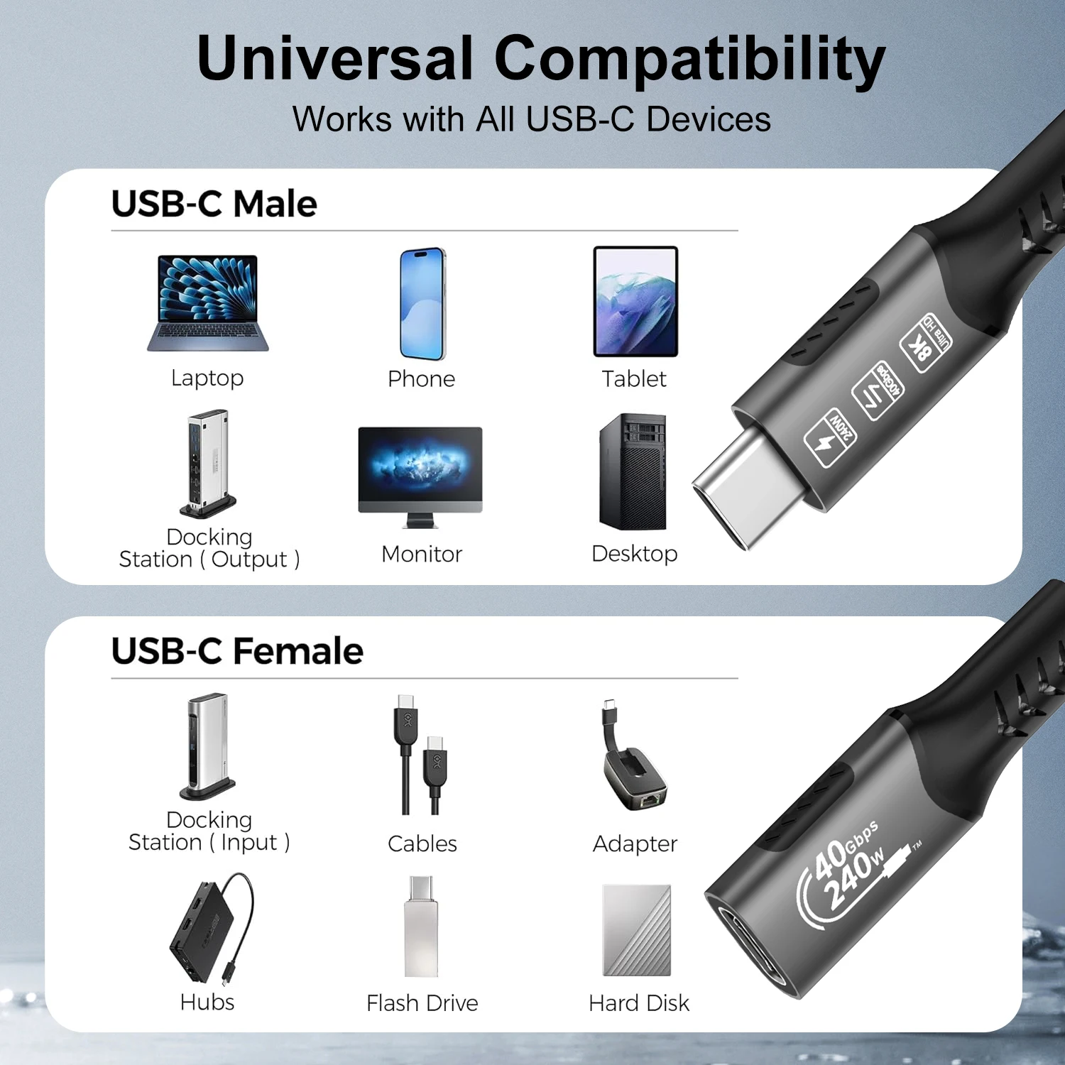 8K 유형 C 연장 케이블 고속 충전 케이블 연장 남성-여성 USB C 4 UHD 비디오 40Gbps 240W PD3.1(Thunderbolt 4/3 포함)
