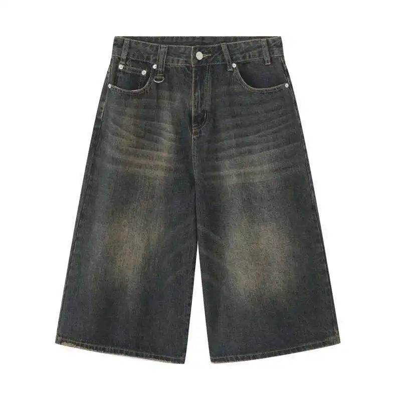 Vintage Korean Style Wide Leg Denim Shorts for Men - Washed Fashion Summer Jeans
