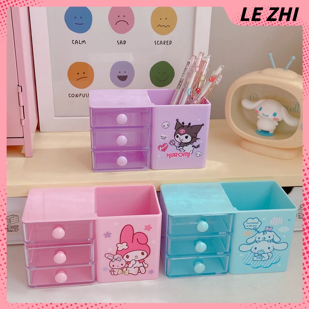 

Kawaii Cartoon Plastic Pen Holder Cinnamoroll Mymelody Kuromi Multifunctional Sorting Storage Box Jewelry Organizer Writing Case