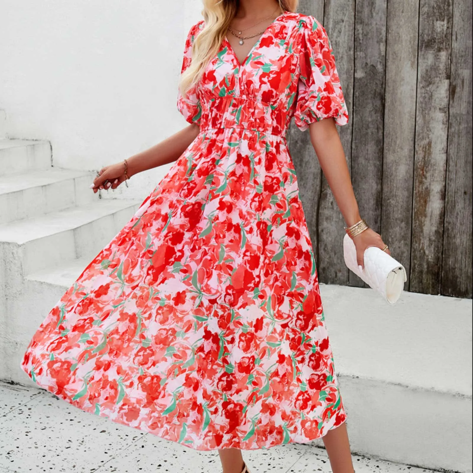 

New Fashion Women Summer Dresses 2024 Vintage Flora Print Vestidos Robe Plus Size Casual A-Line Short Sleeve Femme Dresses