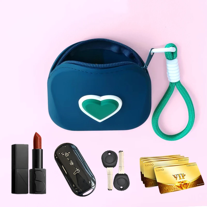 1Pc Love Heart Silicone Storage Bag Square with Lanyard Mini Cosmetic Bag Multifunctional Waterproof Coin Purse Earphone Storage